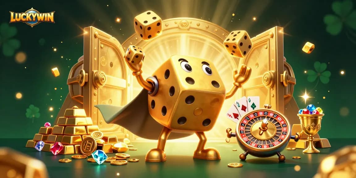 LUCKYWIN captivates players with a dazzling scene of golden dice, treasures, and casino excitement.