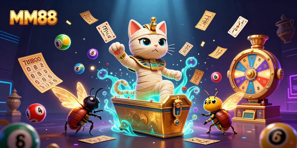 Win big at MM88 with a vibrant scene of a cartoon mummy cat and a scarab in a pyramid casino.
