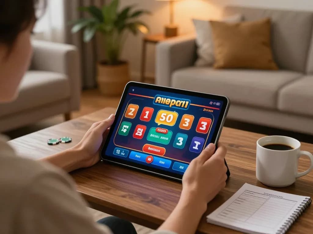 Player enjoying online casino games on https://7m.us.com/ with strategy notes and warm cozy atmosphere.