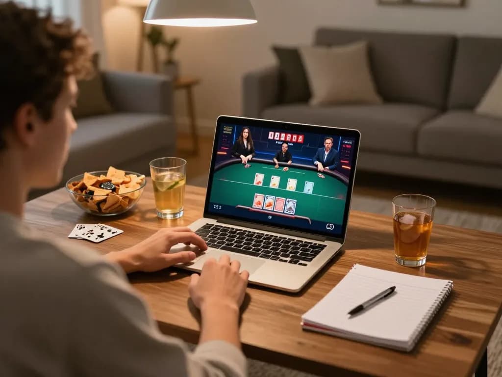 33WIN player engaged in strategic poker game online, showcasing notes and snacks for a balanced gaming atmosphere.