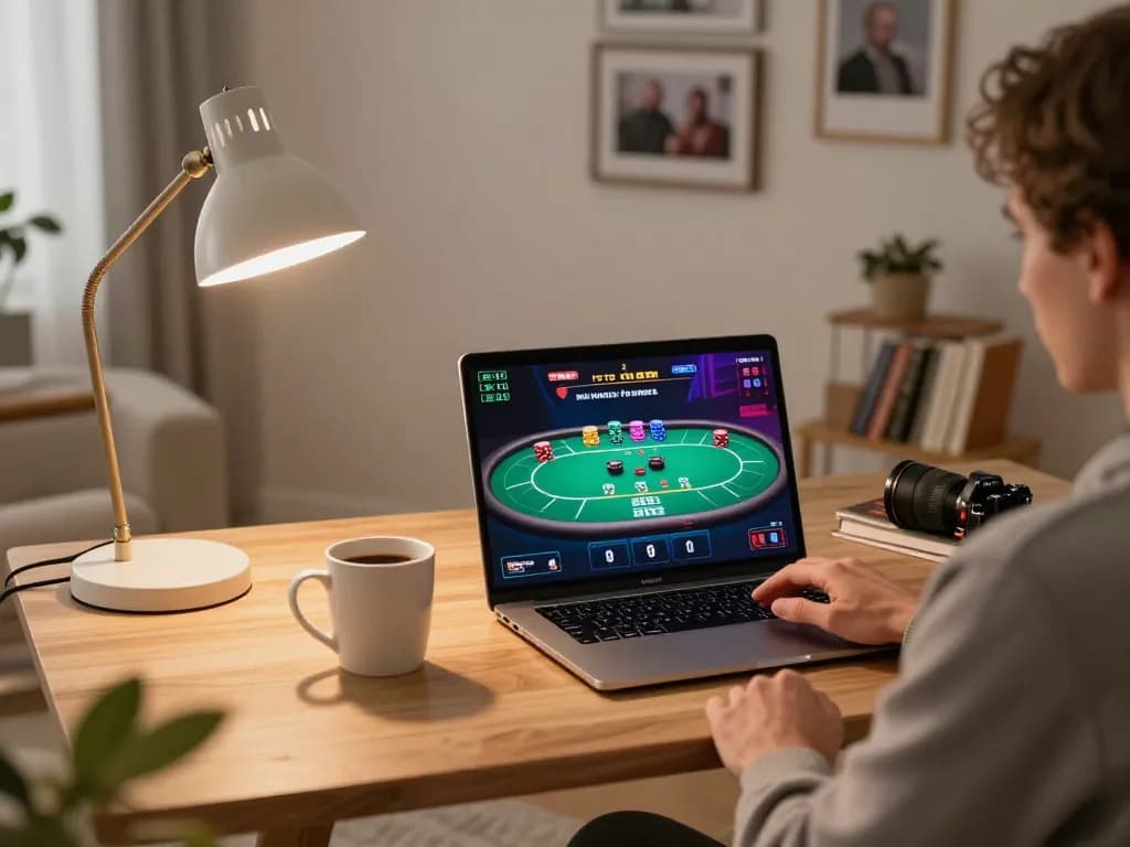 Engaging in online casino gaming showcasing top 10 nhà cái uy tín on laptop with scenic home setup.