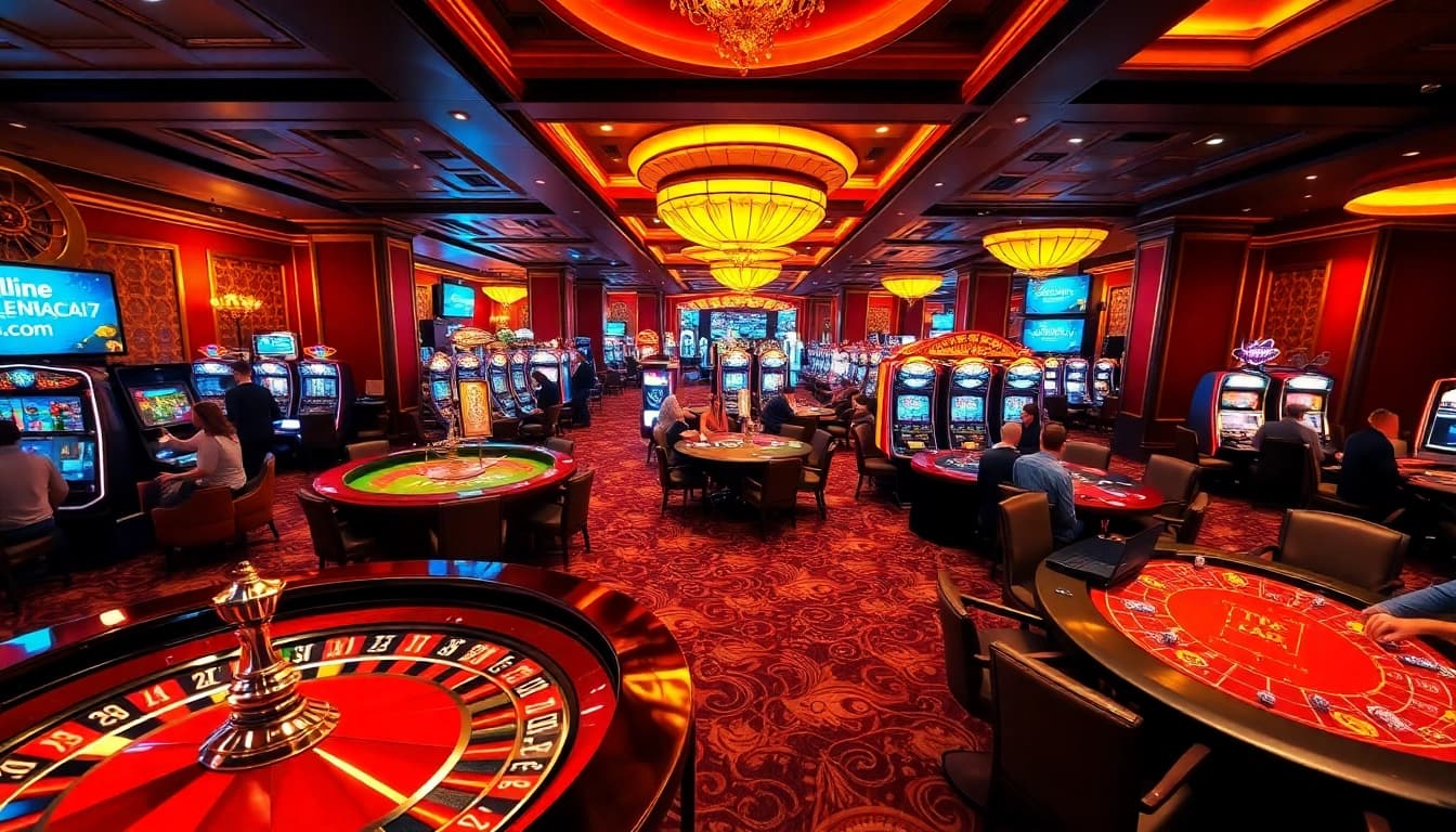 Players enjoying a thrilling casino experience at tylenhacai7.com with poker chips and roulette wheel.