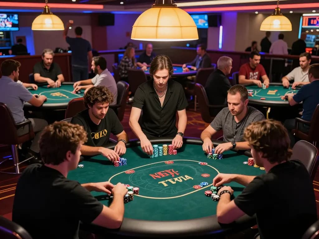 Players engage in a thrilling poker game at the casino, showcasing strategic bets with sc88 chips stacked high.