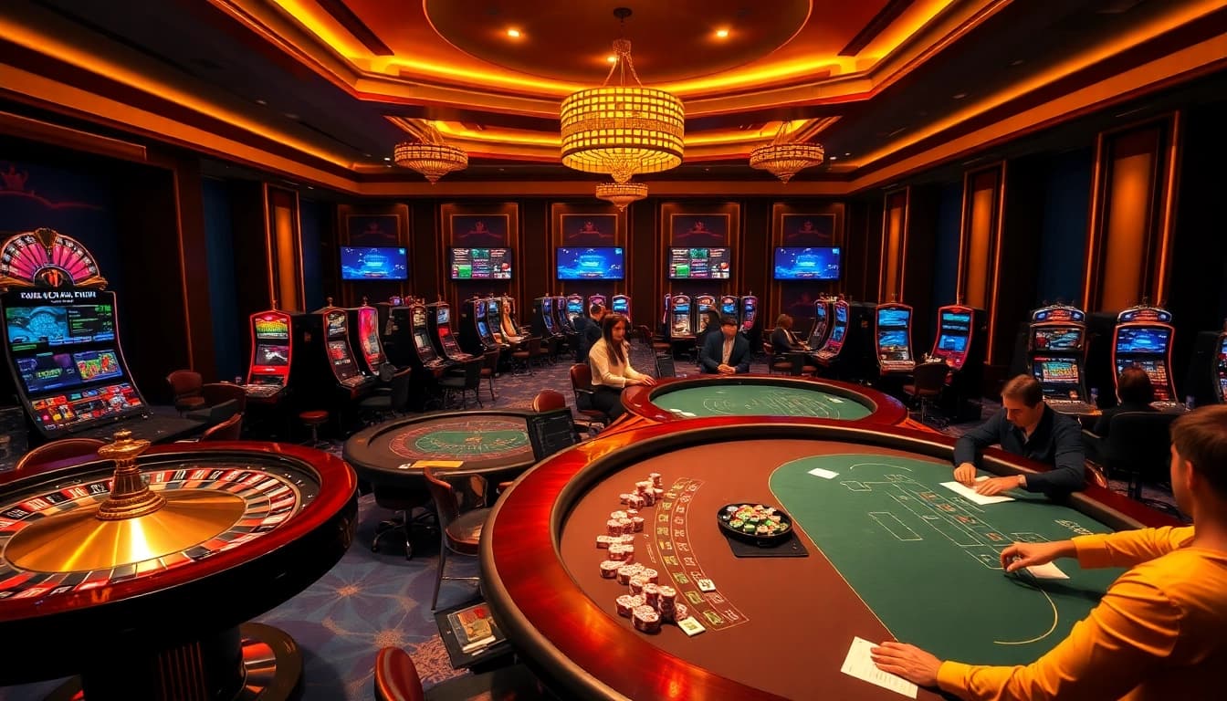 Engage with link 8XX at a vibrant casino featuring roulette wheels and slot machines.