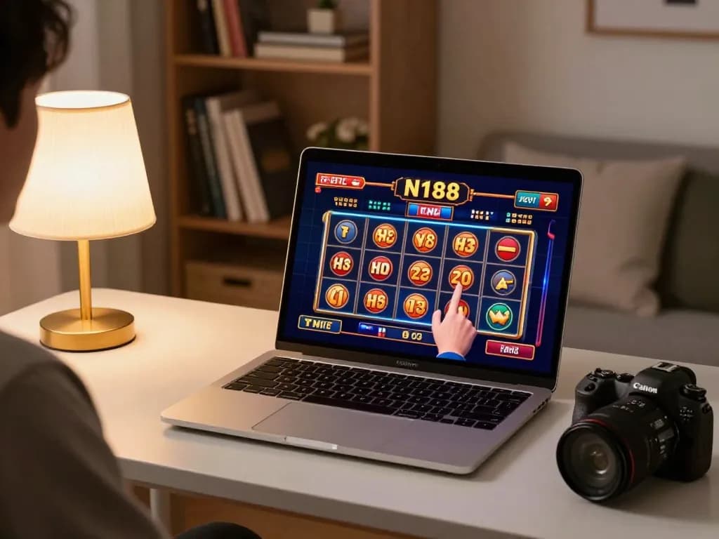 N188 game interface with a player strategizing on a laptop in a cozy home setup