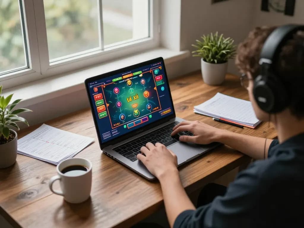 Engaged in a thrilling tài xỉu online game on a laptop with vibrant graphics and cozy workspace