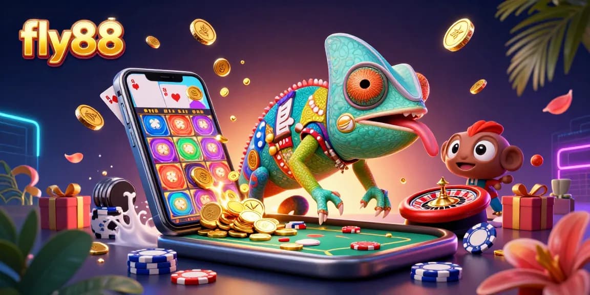 Experience fly88 with a vibrant chameleon casino owner amidst golden coins and lively game elements.