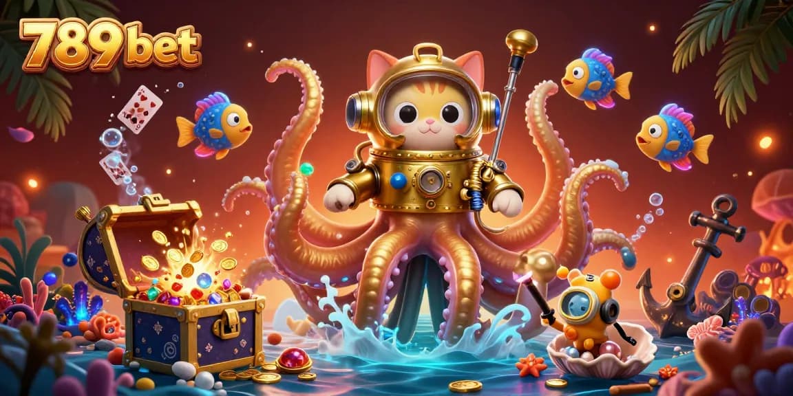 Experience the thrill of 789 bet with a dynamic underwater scene featuring a kraken and diving cat.