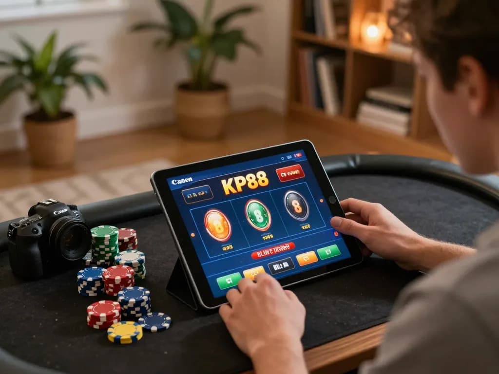 Player immersed in KP88 online gaming using a tablet with betting options at home.