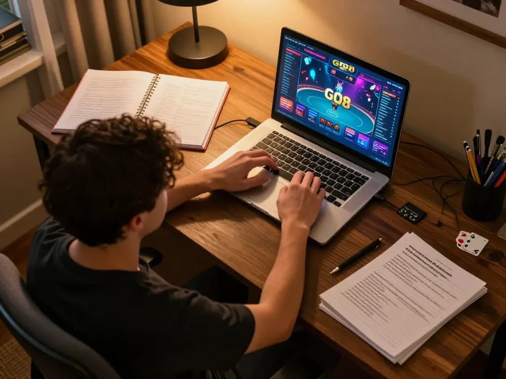 Player engaging with the GO8 online casino, focused on poker game strategy, in a cozy home environment
