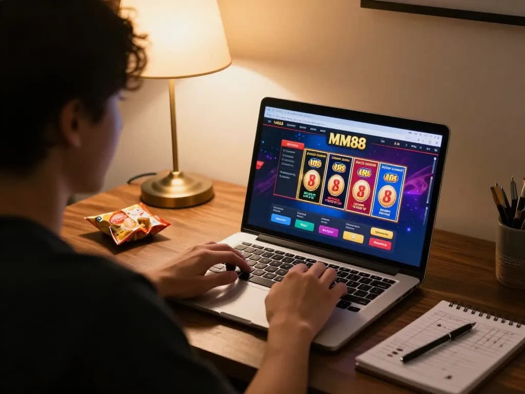 Player engaging with MM88 gaming platform on laptop amidst chips and strategic notes