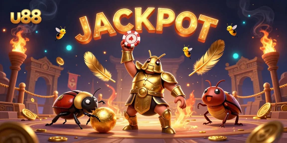 u88 displays a victorious beetle lifting a poker chip amidst a casino-themed victory scene.