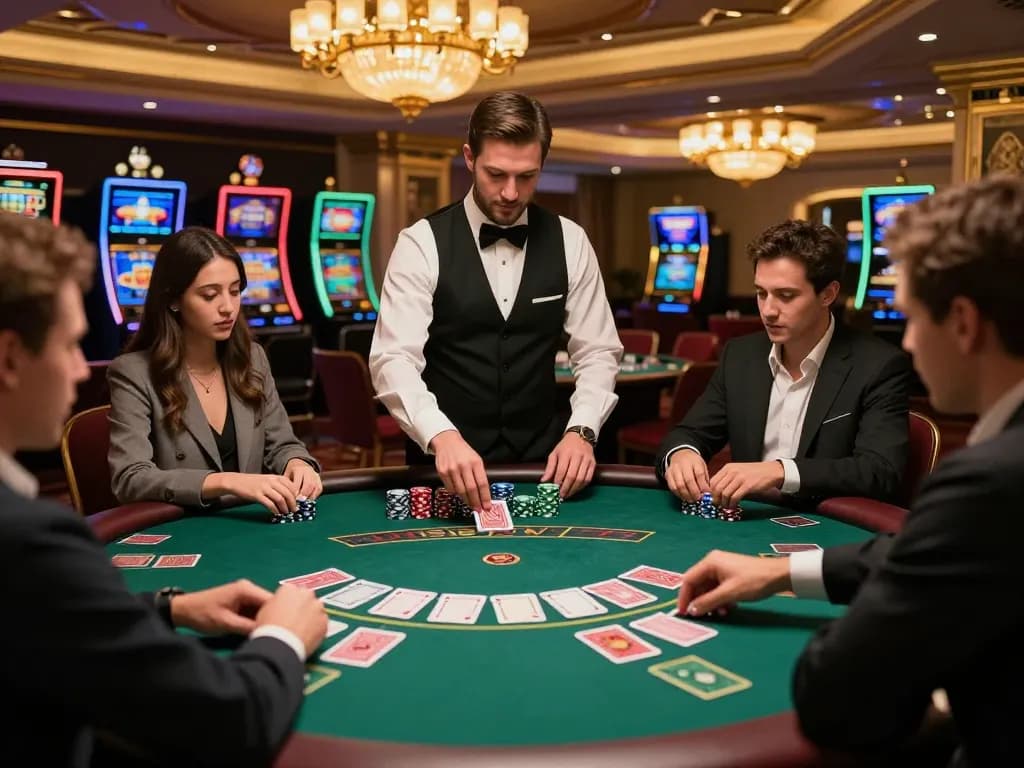 Experience nohu-themed blackjack gameplay with players immersed at a lively casino.