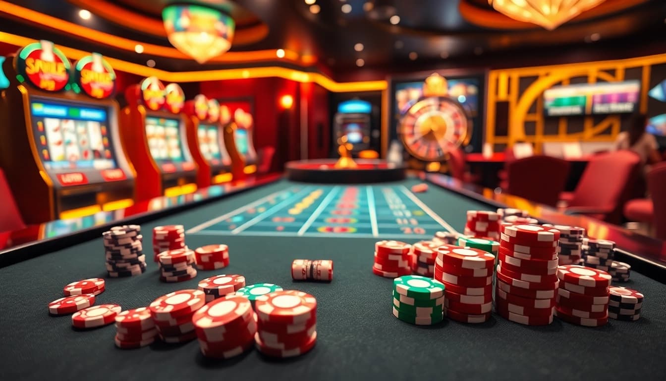 Experience thrilling gambling action at https://mtr888.com/ with vibrant casino tables and colorful poker chips.