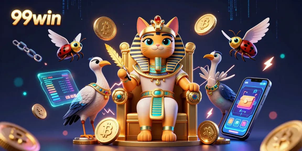 Win big with 99win's immersive 3D casino experience featuring a pharaoh cat, crypto coins, and vibrant game elements.