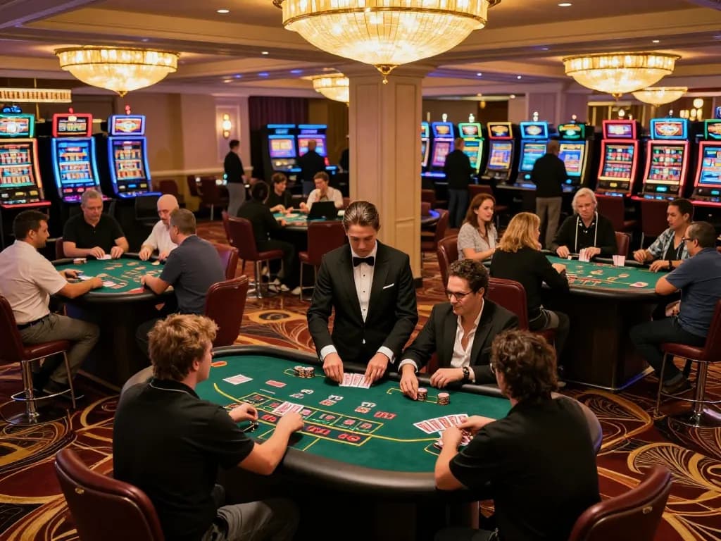 Players enjoying blackjack at PUB88 casino, lively atmosphere with dealers managing bets and strategies.