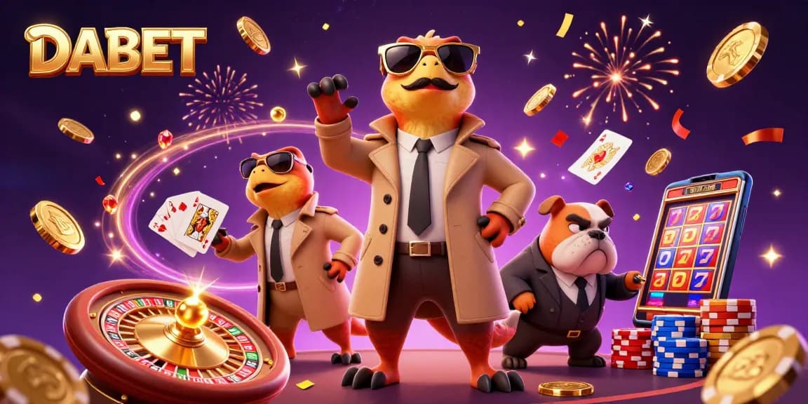 DABET showcases a whimsical casino scene featuring cartoon raptors in disguise, engaging with exciting gambling elements.