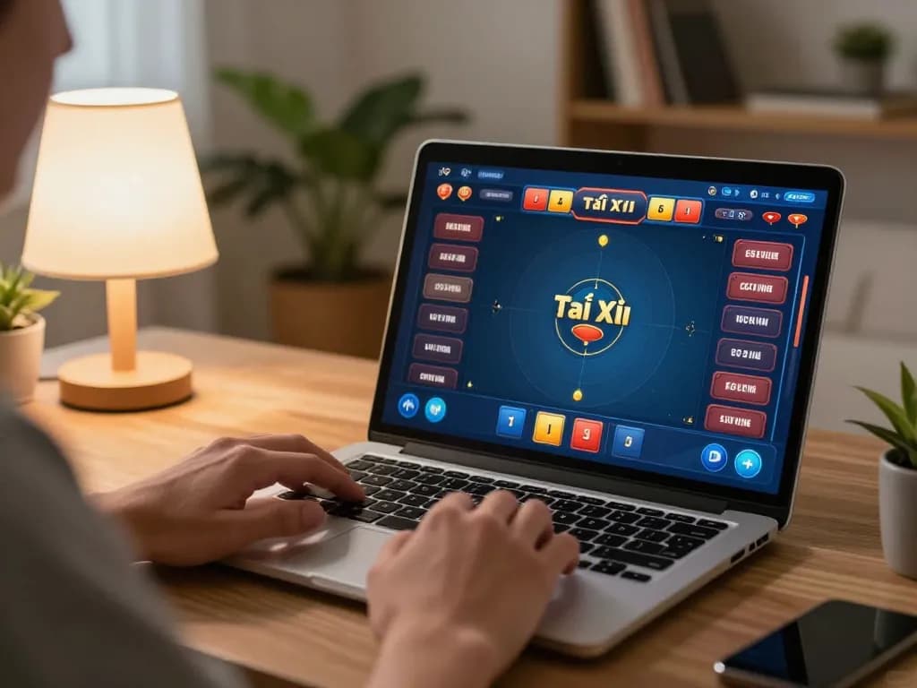 Tài Xỉu gameplay on taixiuonline8 displayed on a laptop, showcasing player strategy in a cozy home environment.