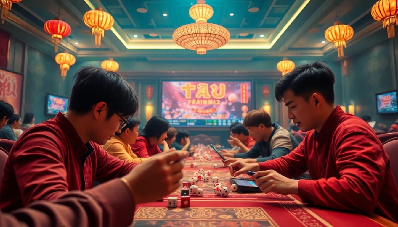 Tài xỉu online gaming experience with players celebrating wins and animated dice.