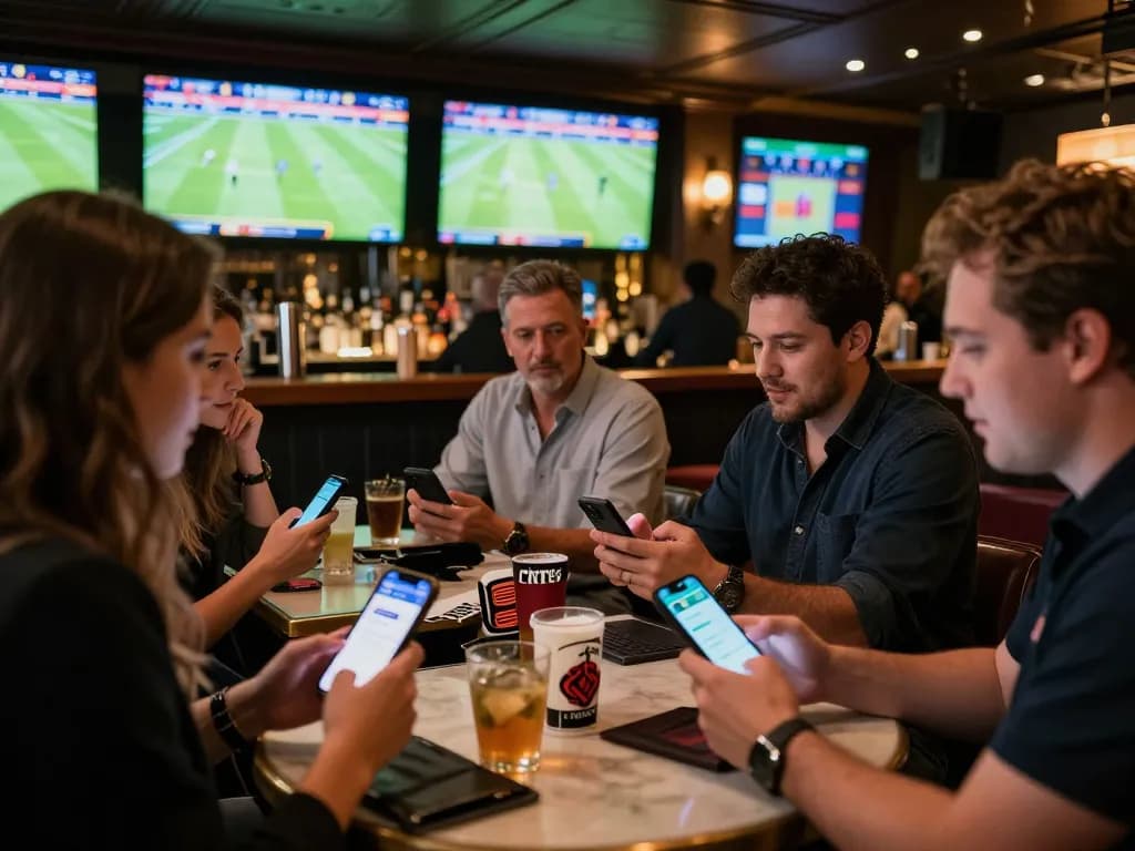 va88 sports betting app in action at a lively bar with friends cheering for their bets