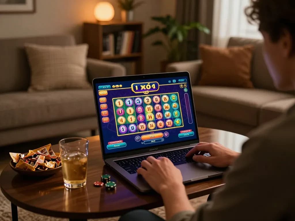 Player enjoying 11 bet xổ số game on a laptop, cozy home setting, emphasizing responsible gaming