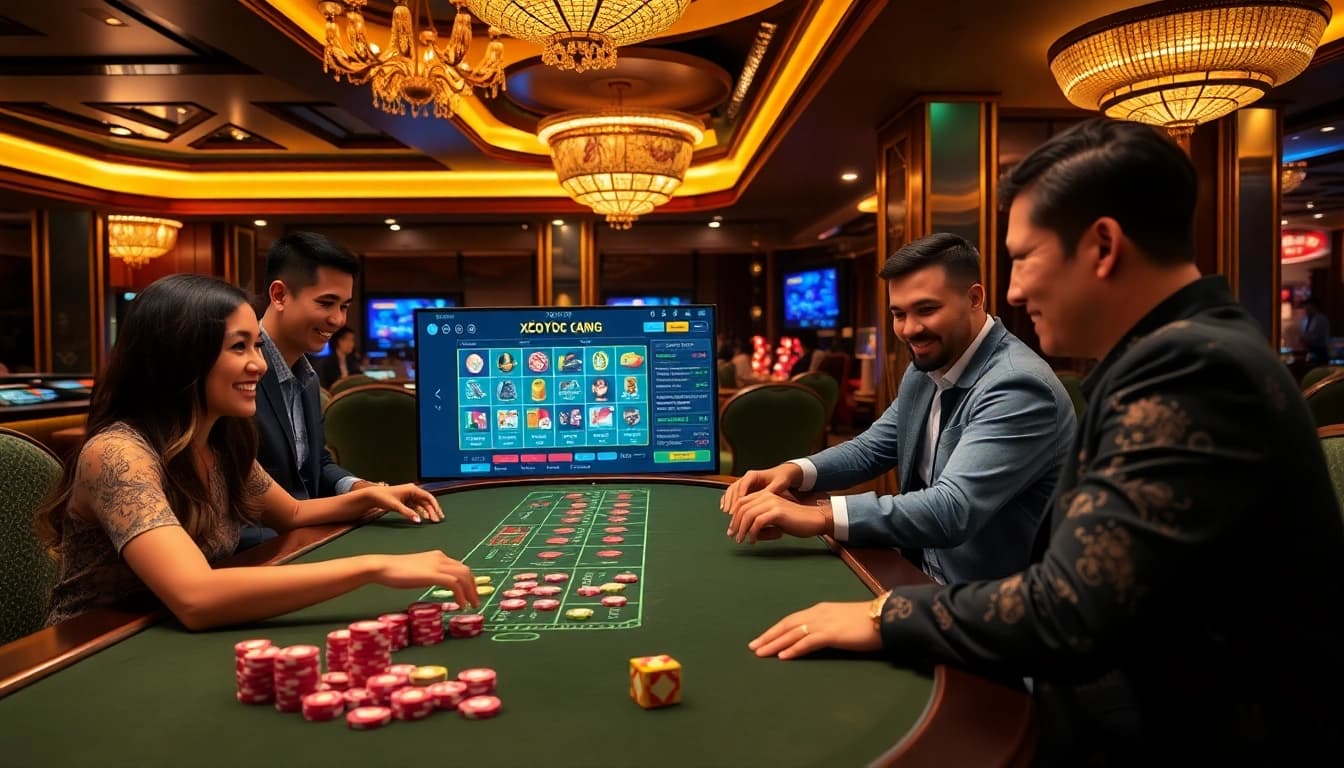 Engaging in xóc đĩa free play at an upscale casino, showcasing excitement and vibrant betting visuals.