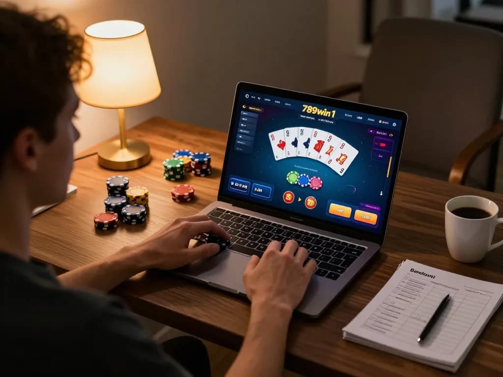 Engaging in the 789win 1 platform for online casino gaming with poker interface and strategic notes.