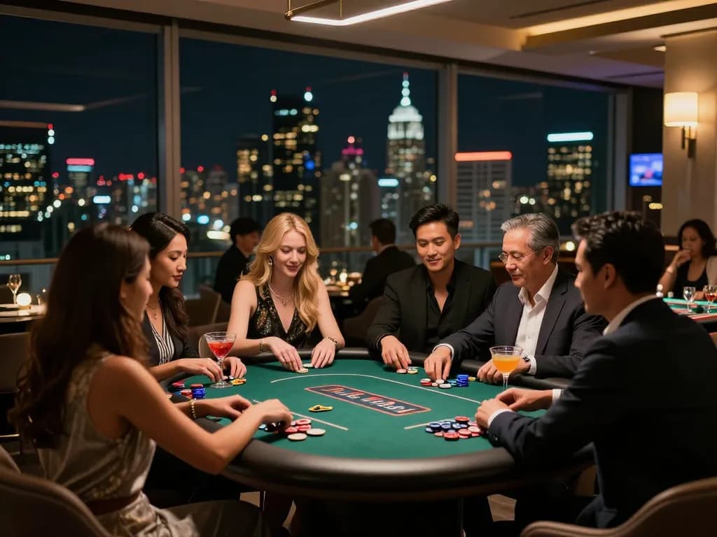 MM88 poker players engaging in a night game at an upscale casino lounge.