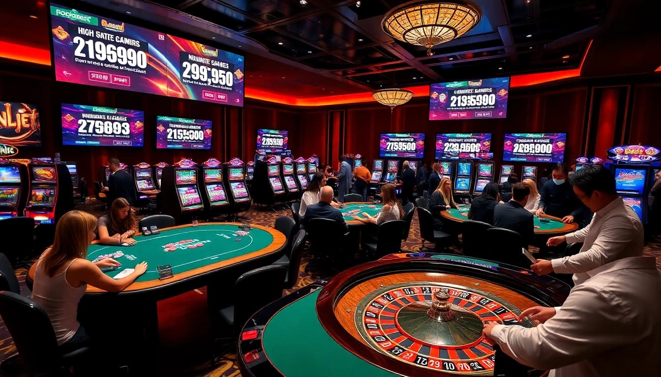 Players enjoying high-stakes games at tg88.black casino, featuring vibrant poker tables and slot machines.