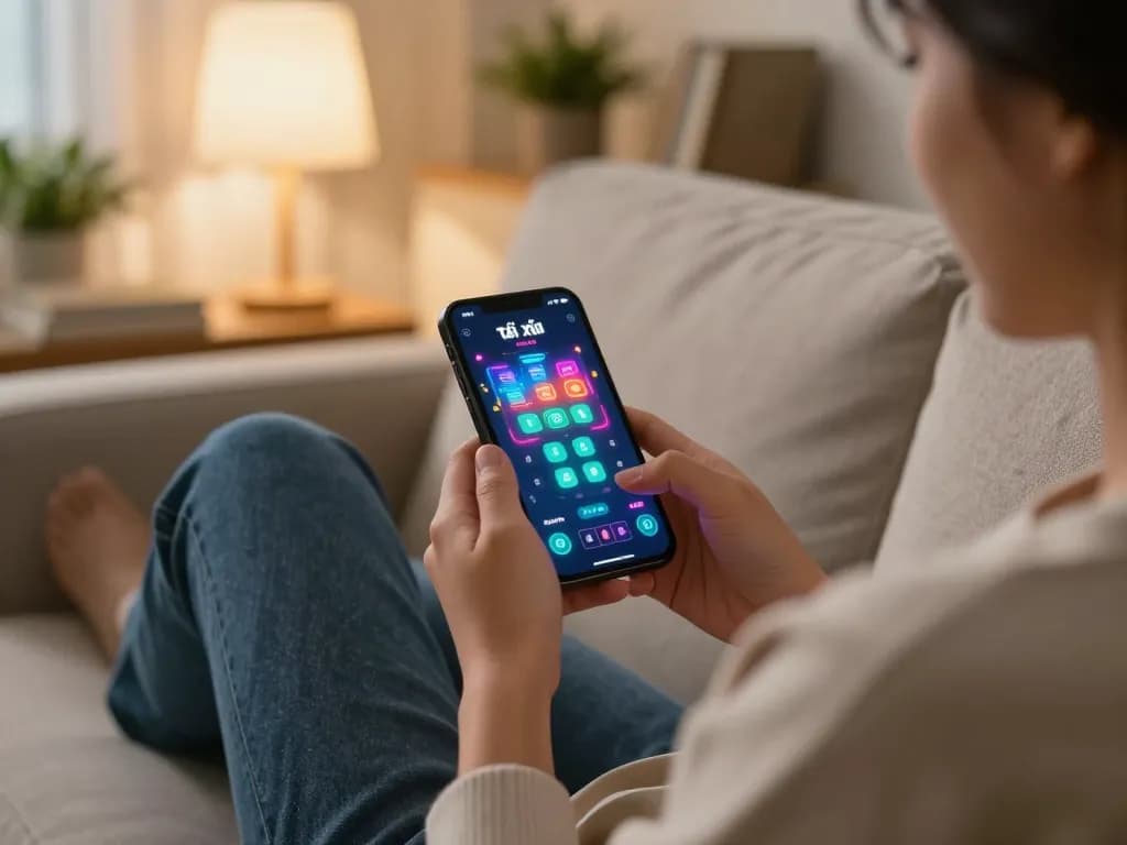 Playing tài xỉu online on a smartphone in a cozy living room