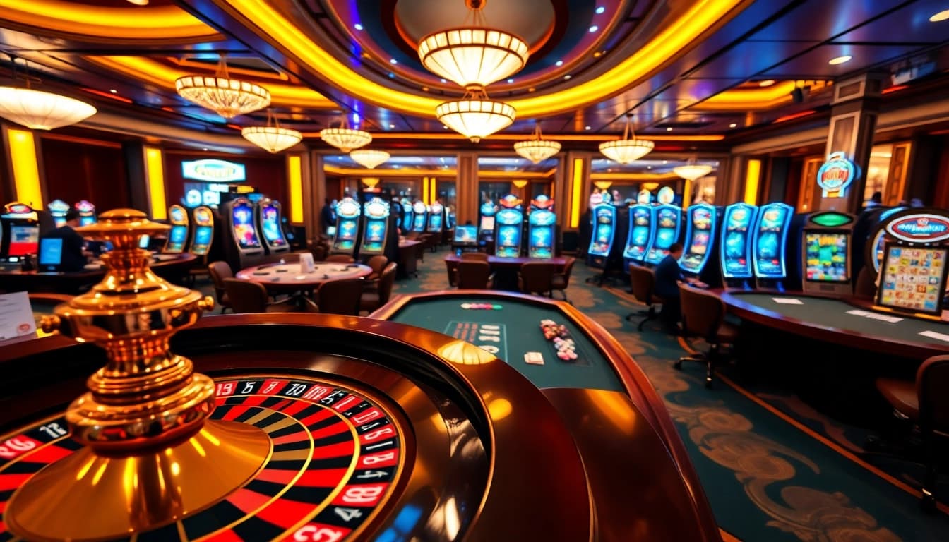 Players enjoying thrilling games at https://xx88.moe/ casino, with vibrant tables and slot machines.
