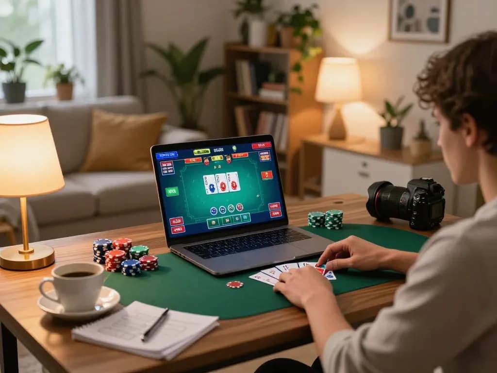 Engaged player using a laptop for sunwin online poker, showcasing dynamic gameplay and responsible betting.