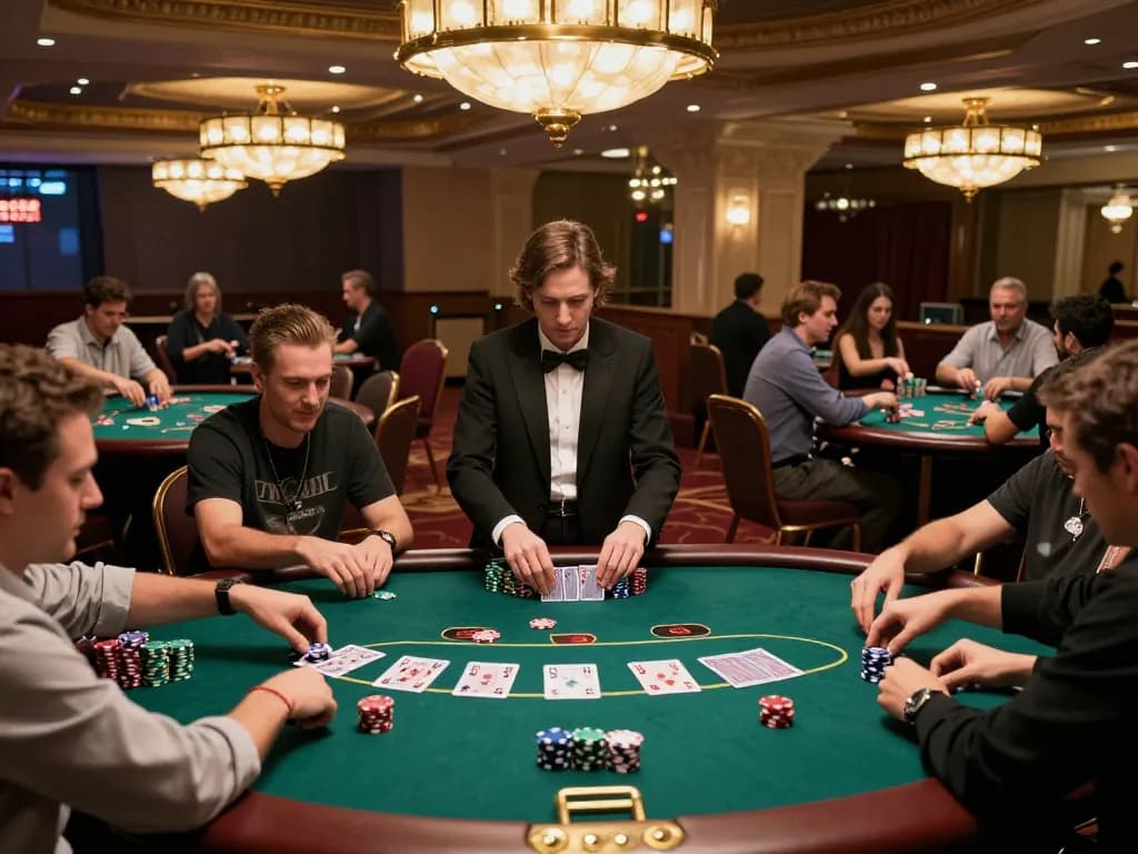 Players strategizing at the poker table in the lively atmosphere of 78wim casino.