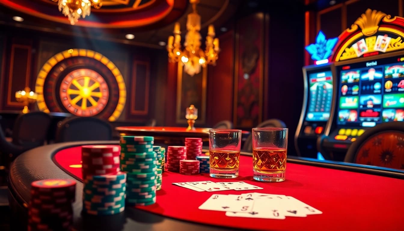 A vibrant poker scene showcasing a luxurious casino environment at https://abc8.movie/, featuring colorful chips and playing cards.
