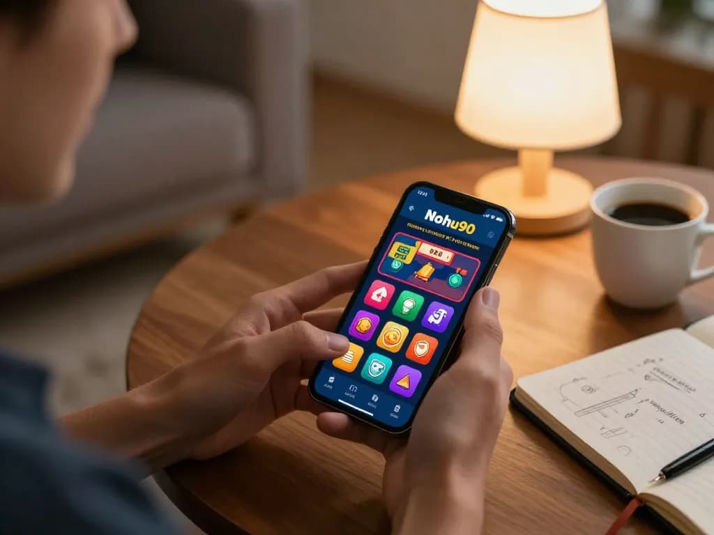Nohu90 player engaging with live casino game on smartphone in cozy home environment