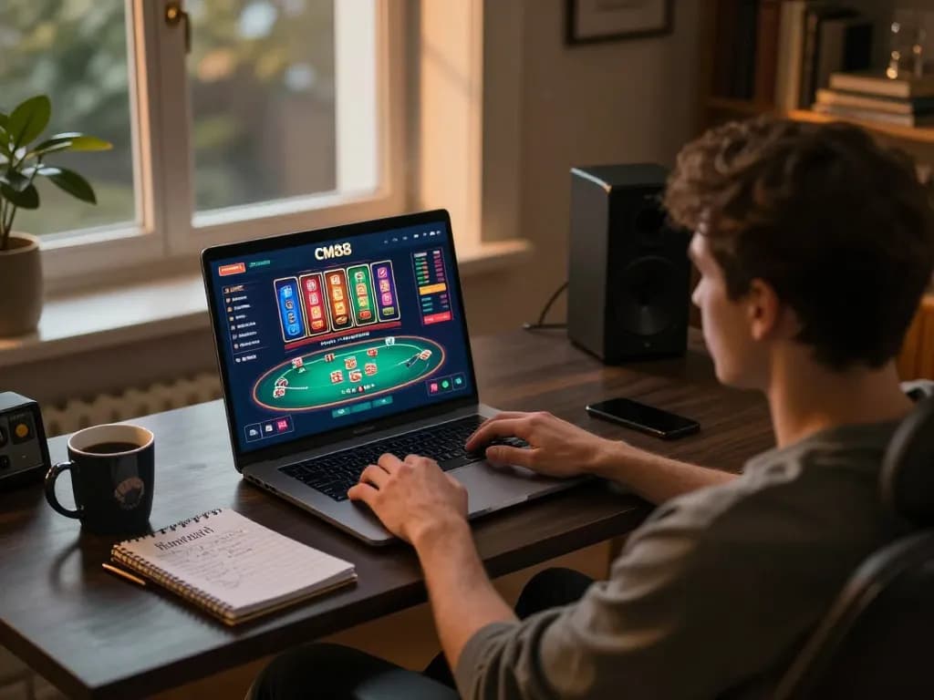Engaging in strategic gameplay at CM88 online casino with focused laptop screen.