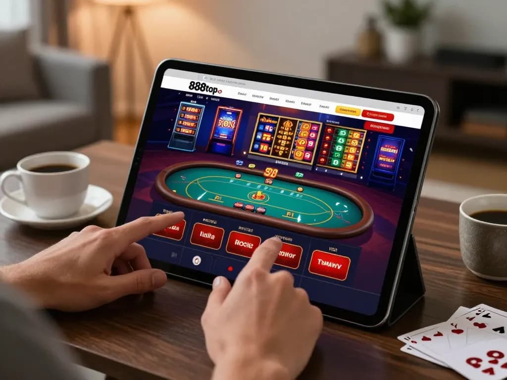 Engaging with online casino games on tablet from home, showcasing 888top com for a vibrant gambling experience