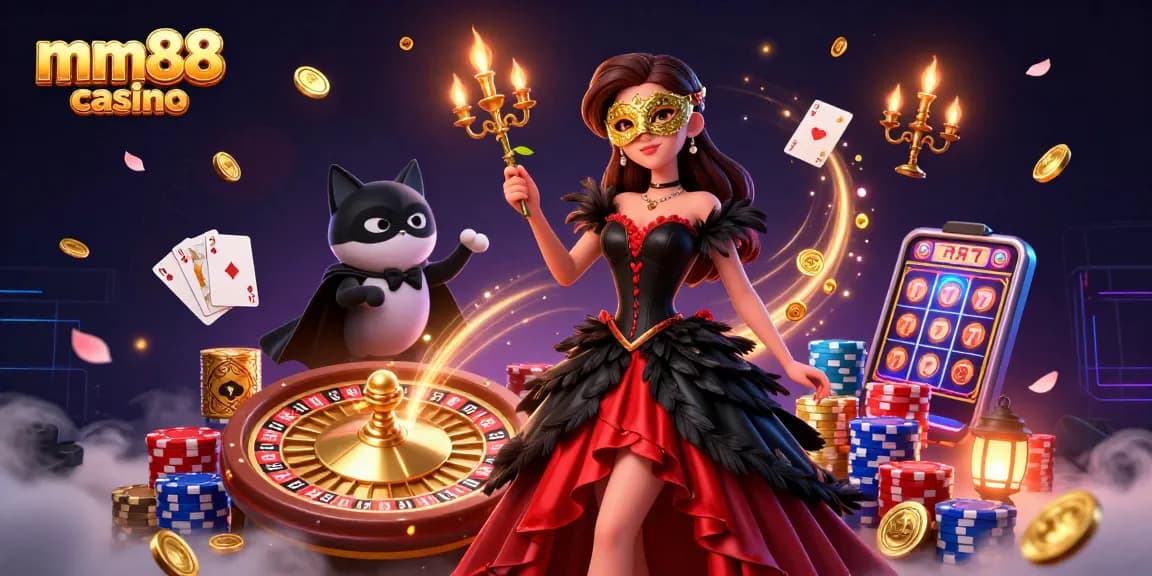 Experience the thrill of mm88 casino with stunning visuals of gaming elements and characters.