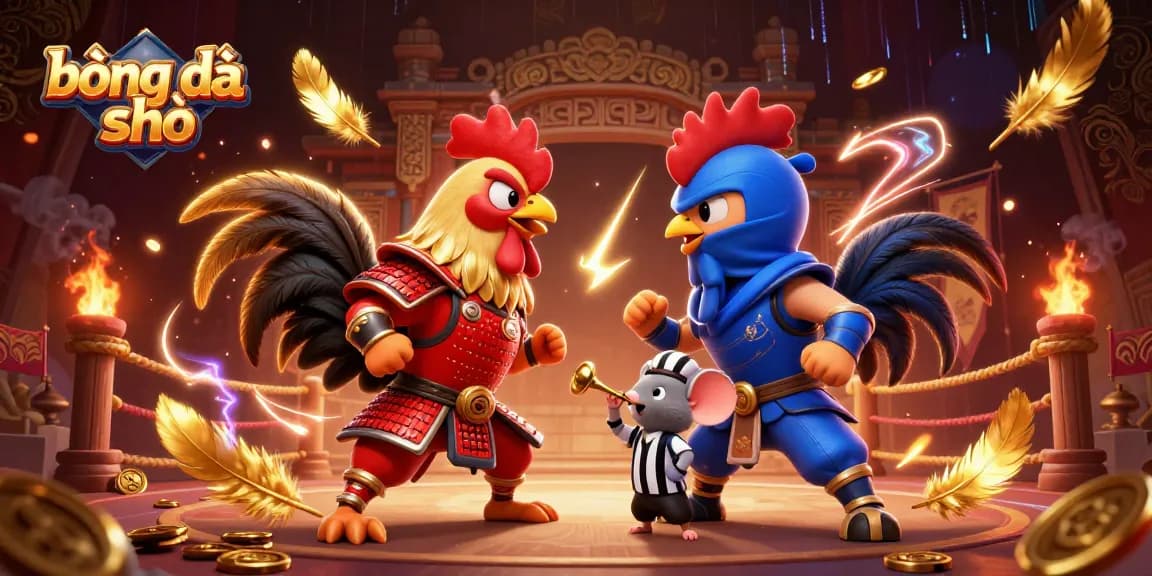 Catch the excitement of bóng đá số with dramatic roosters in armor, set in a vibrant gambling arena.