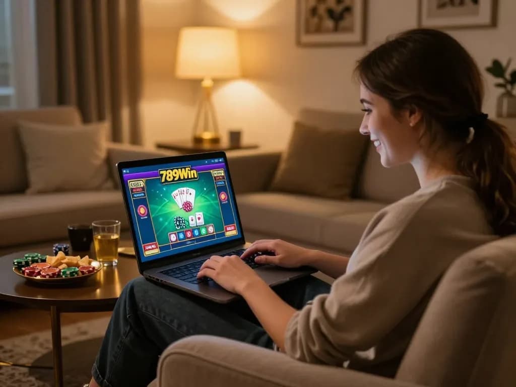 Experience online gaming excitement at 789Win with vibrant display of chips and cards in cozy setting