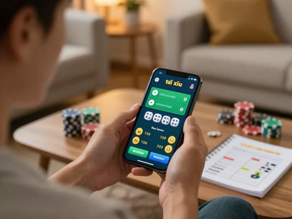 Engaging with the app tài xỉu online while strategizing in a cozy home setting.