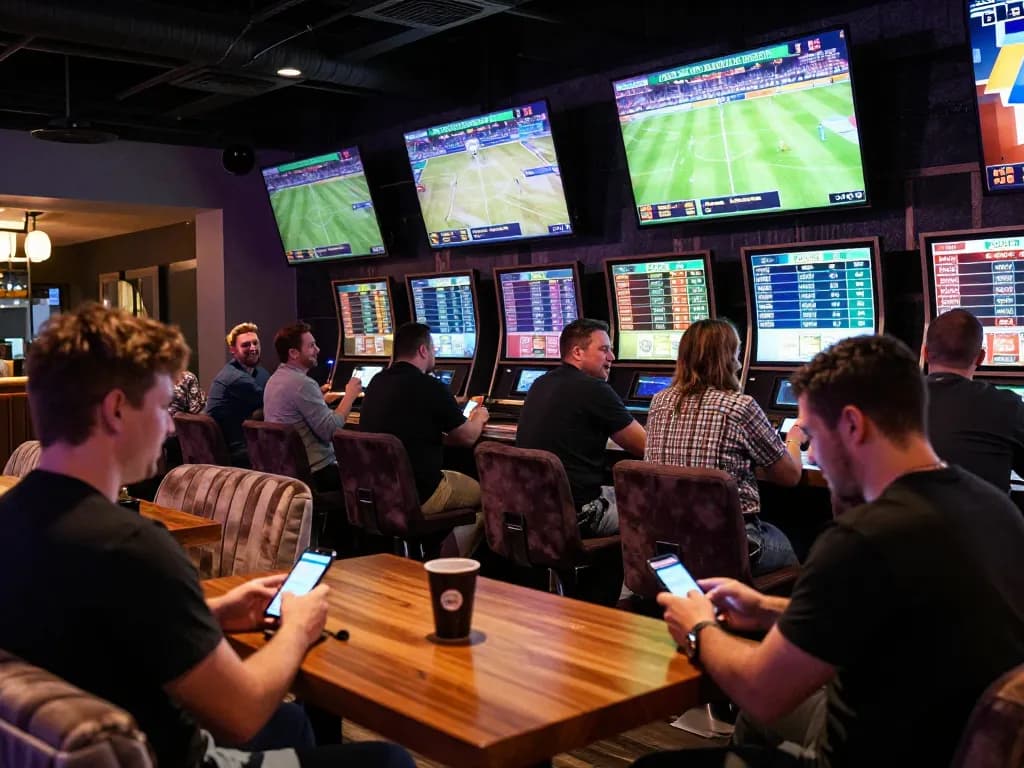 Nhandinhkeonhacai sports betting scene with patrons actively studying odds and placing bets in a stylish bar.