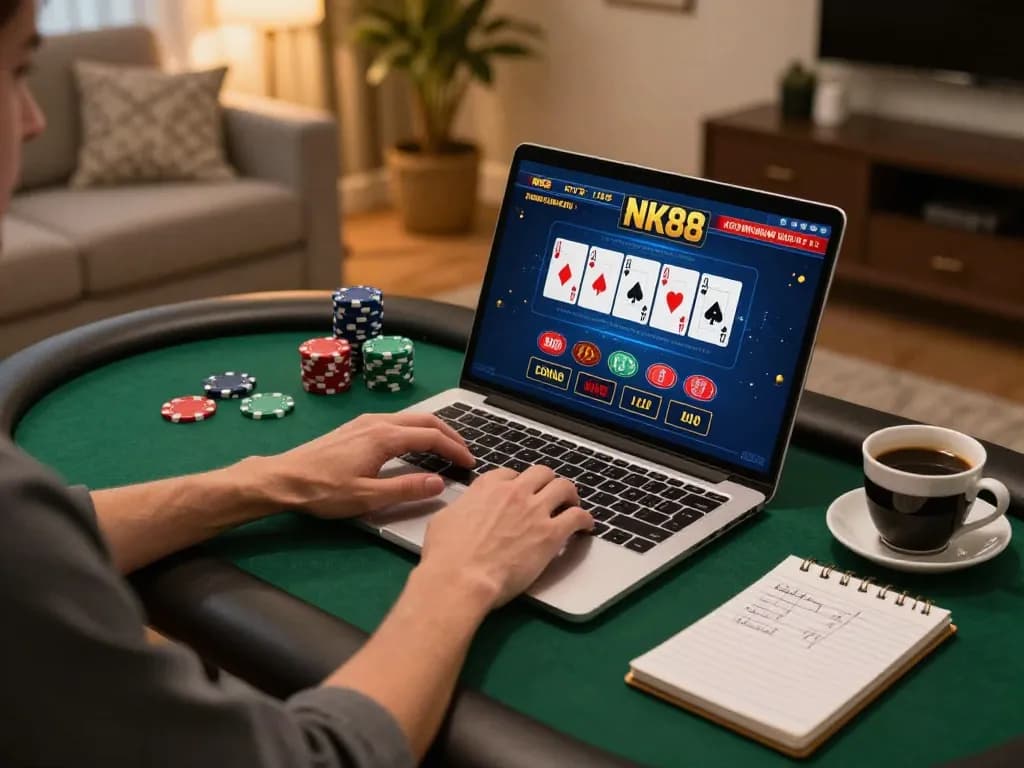 Engaging in strategic betting on NK88 using a laptop in a cozy home environment, with poker cards displayed.