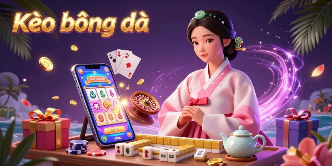Kèo bóng đá highlights an elegant Asian woman in hanbok amidst dynamic casino elements like phones, poker chips, and colorful games.