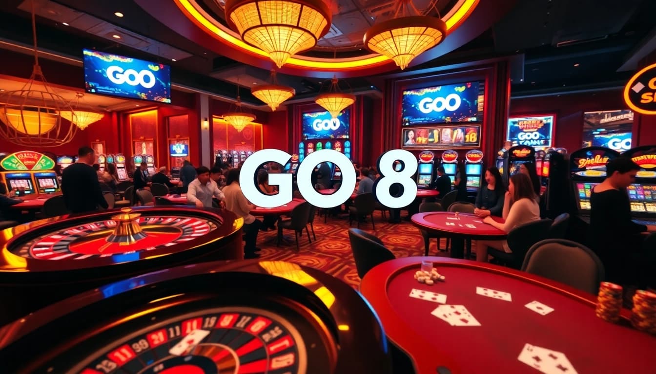 Players enjoying the thrilling casino atmosphere at GO 8, surrounded by roulette, poker, and slots.