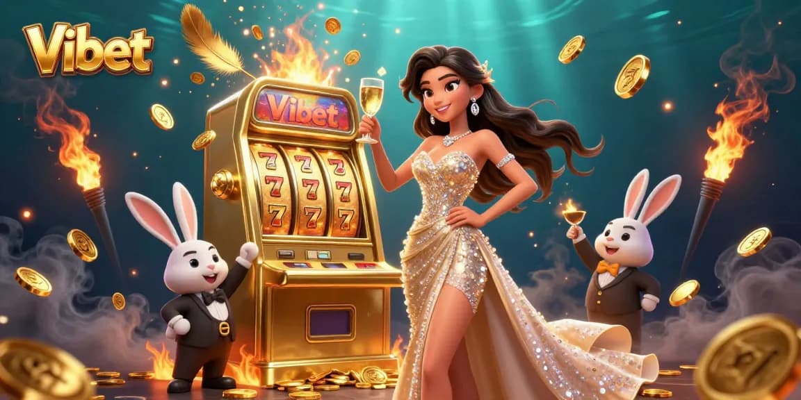 Vibet offers a vibrant casino experience with a glamorous character toasting by a jackpot slot machine.