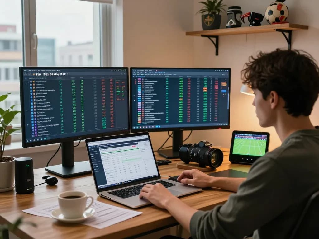 Analyzing tỷ lệ kèo bóng đá with live sports statistics in a cozy home office.