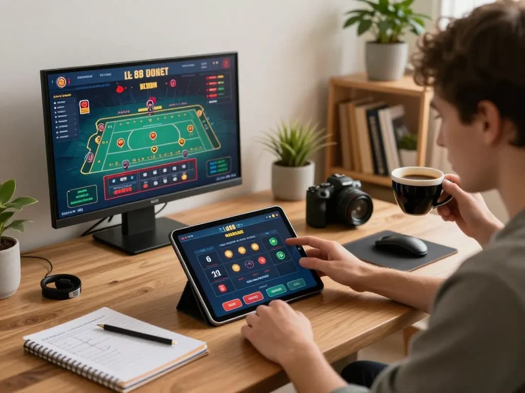 Engaging with the LV88 app in a cozy home setting, showcasing responsible online gaming.