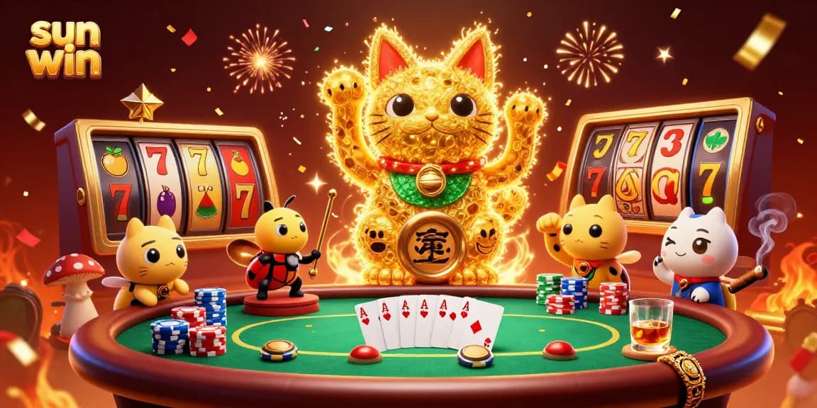 Experience the thrill of sun win with a giant lucky cat symbolizing casino excitement.