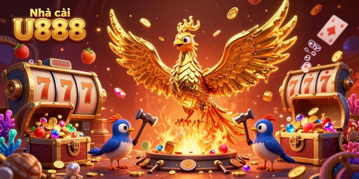 Win big with Nhà cái U888: A vibrant illustration showcasing a dynamic casino scene filled with treasure and slot game excitement.